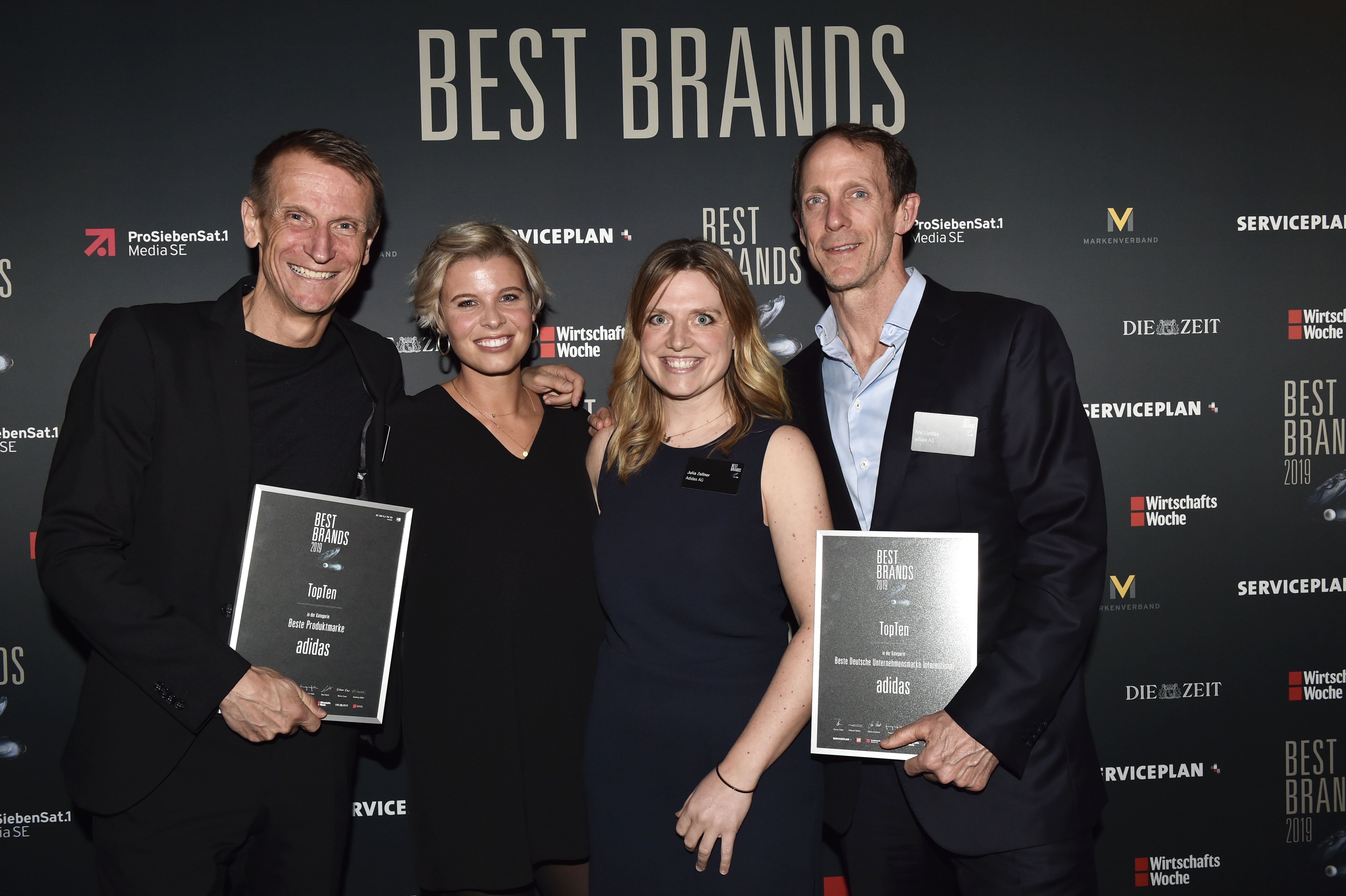 Verleihung der Best Brands 2019 im Hotel Bayerischer Hof in Mnchen am 20.02.2019 Jan Runau (Leiter Unternehmenskommunikation adidas AG World of Sports), Fiona Reh (adidas AG), Julia Zellner (adidas AG), Eric Liedtke (Vorstand Global Brands adidas AG World of Sports) / Verleihung der Best Brands 2019 im Hotel Bayerischer Hof in Mnchen am 20.02.2019 / Foto: BrauerPhotos / S.Brauer fuer Best Brands